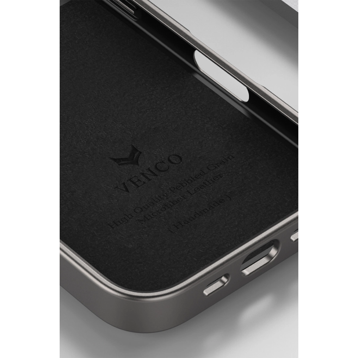 Venco logosu ve yazısı kabartmalı koyu gri deri telefon kılıfı: High Quality Pebbled Grain Microfiber Leather.