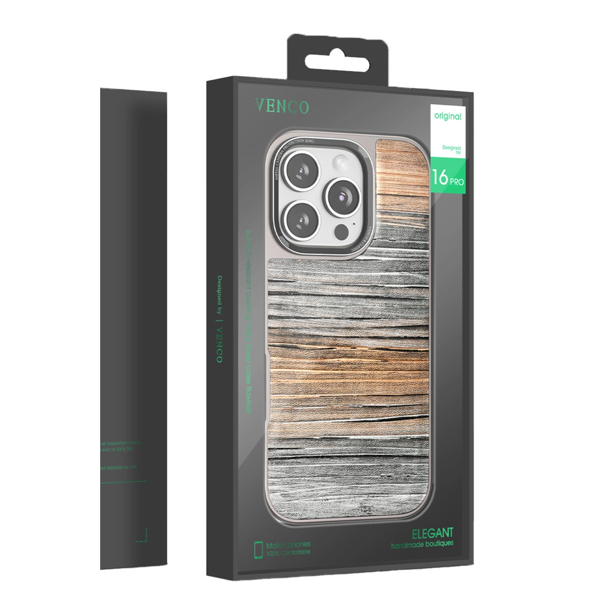 VENCO iPhone 16 Pro kılıfı, ahşap damarlı ve kamera korumalı halkalı.