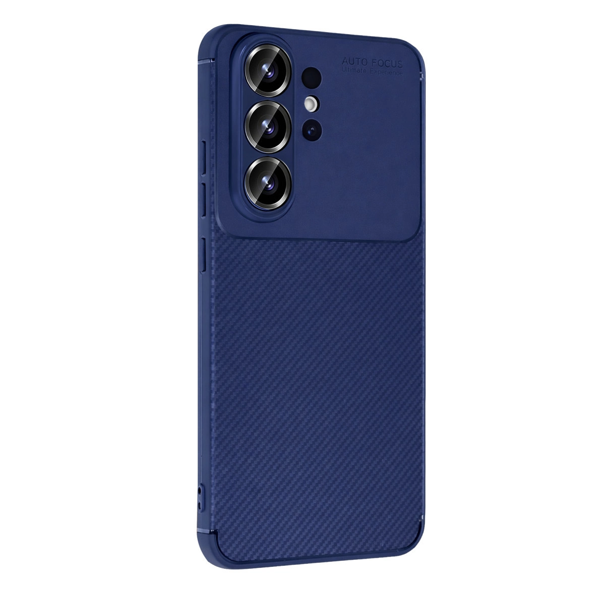 Üç kamera lensli, karbon dokulu lacivert telefon kılıfı.
