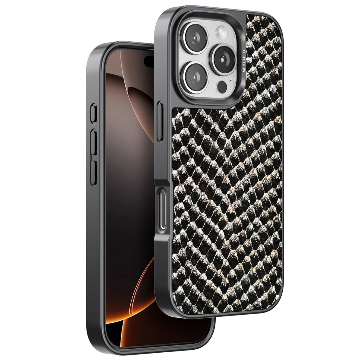 Pullu deseni ve sim detaylı siyah iPhone kılıfı.