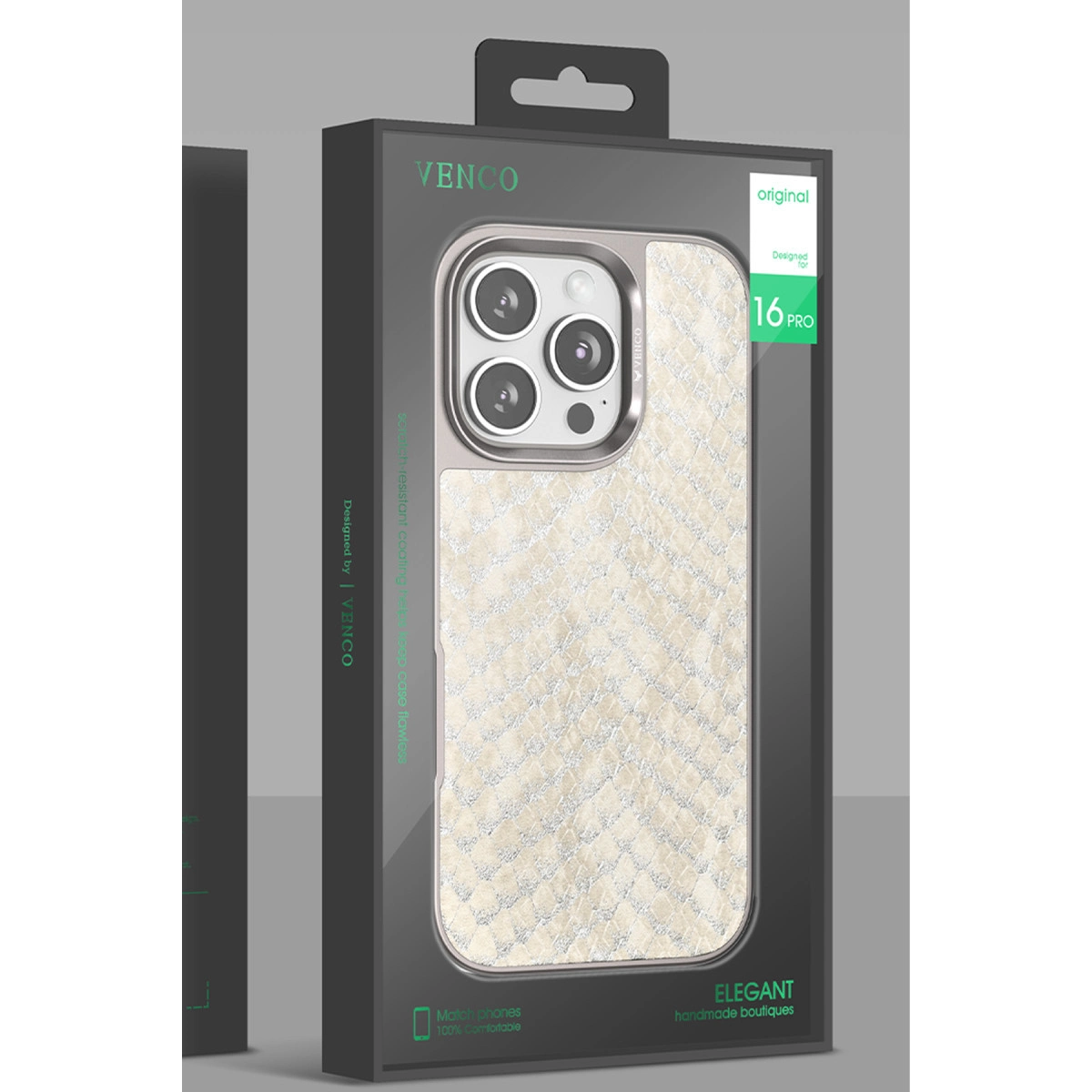 VENCO iPhone 16 Pro kılıfı, bej yılan derisi desenli, orijinal ambalaj.