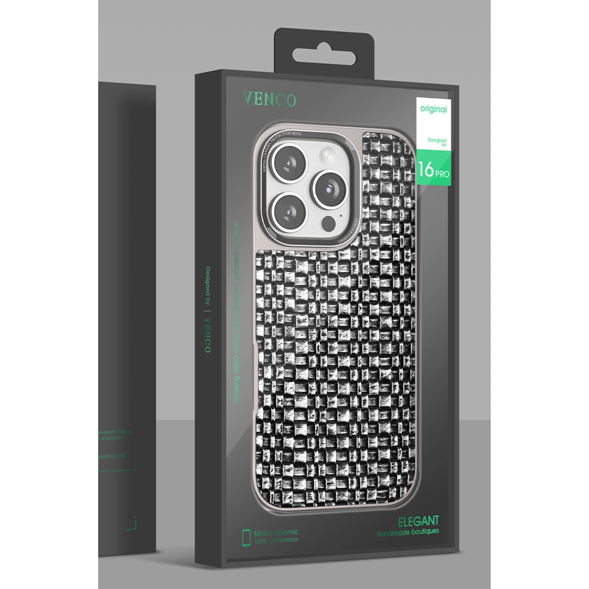 VENCO 16 Pro kılıfı, damalı desenli ve kamera koruma halkalı.