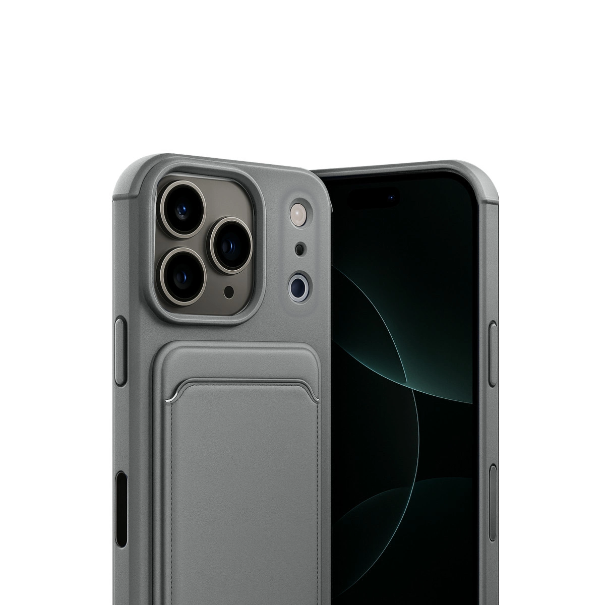 Kart yuvalı gri telefon kılıfı ve arkada iPhone.