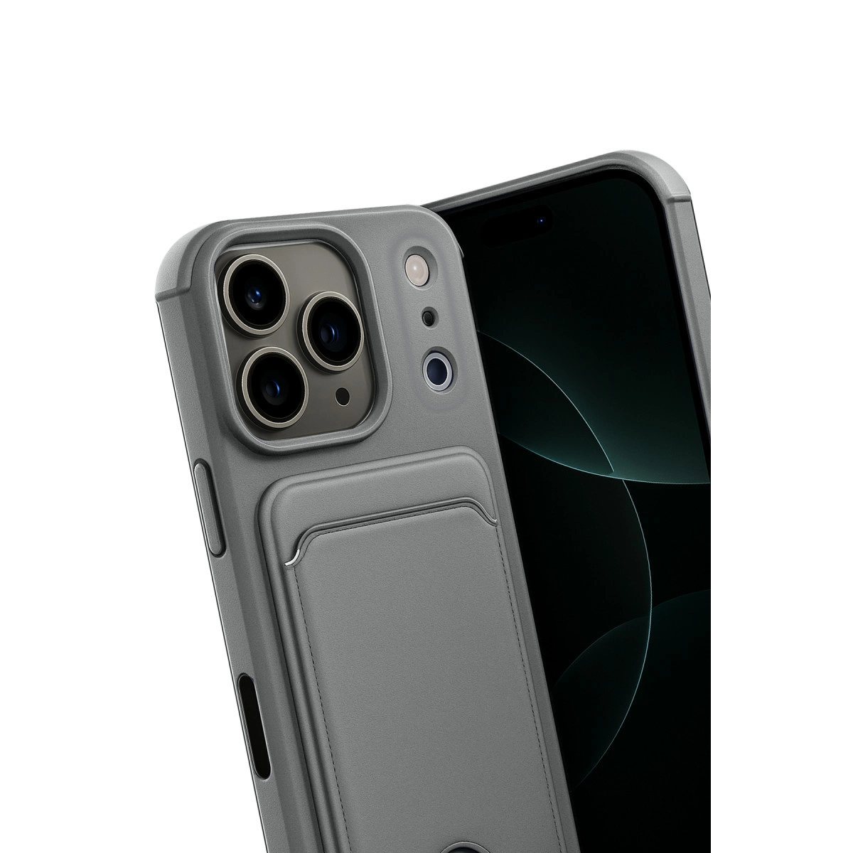 Kart tutuculu ve lensli gri telefon kılıfı, beyaz arka planda.