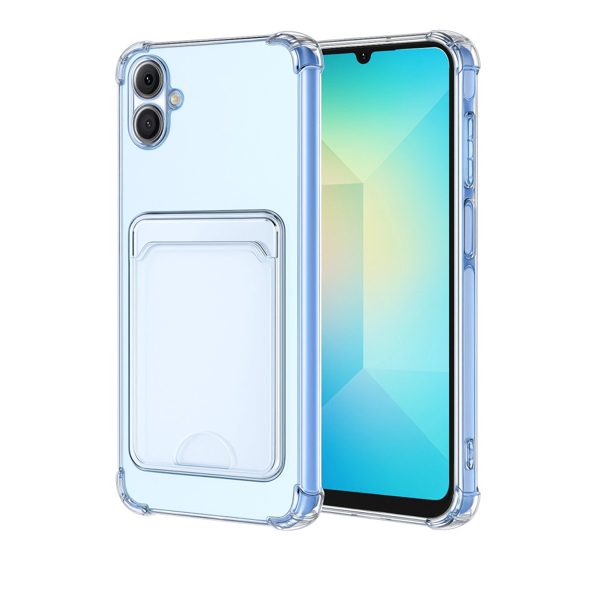 Kart tutuculu şeffaf telefon kılıfı ve mavi ekranlı telefon.