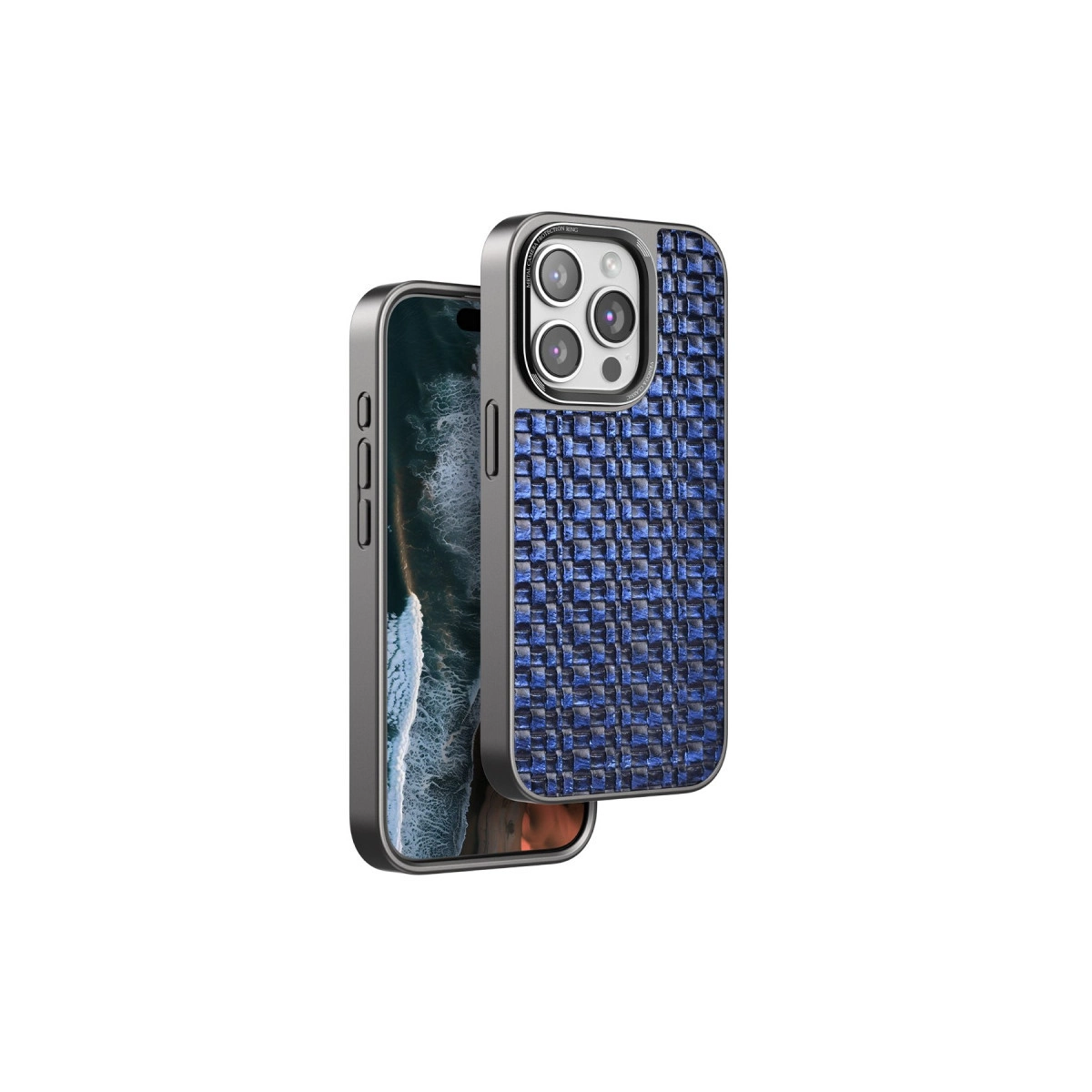 Ekranında dalgalar gösteren bir akıllı telefonda mavi dokuma telefon kılıfı.