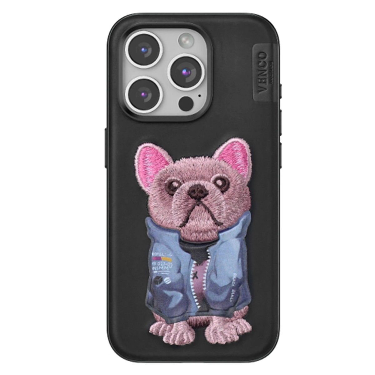 Mavi ceketli, pembe Fransız bulldog nakışlı siyah telefon kılıfı.