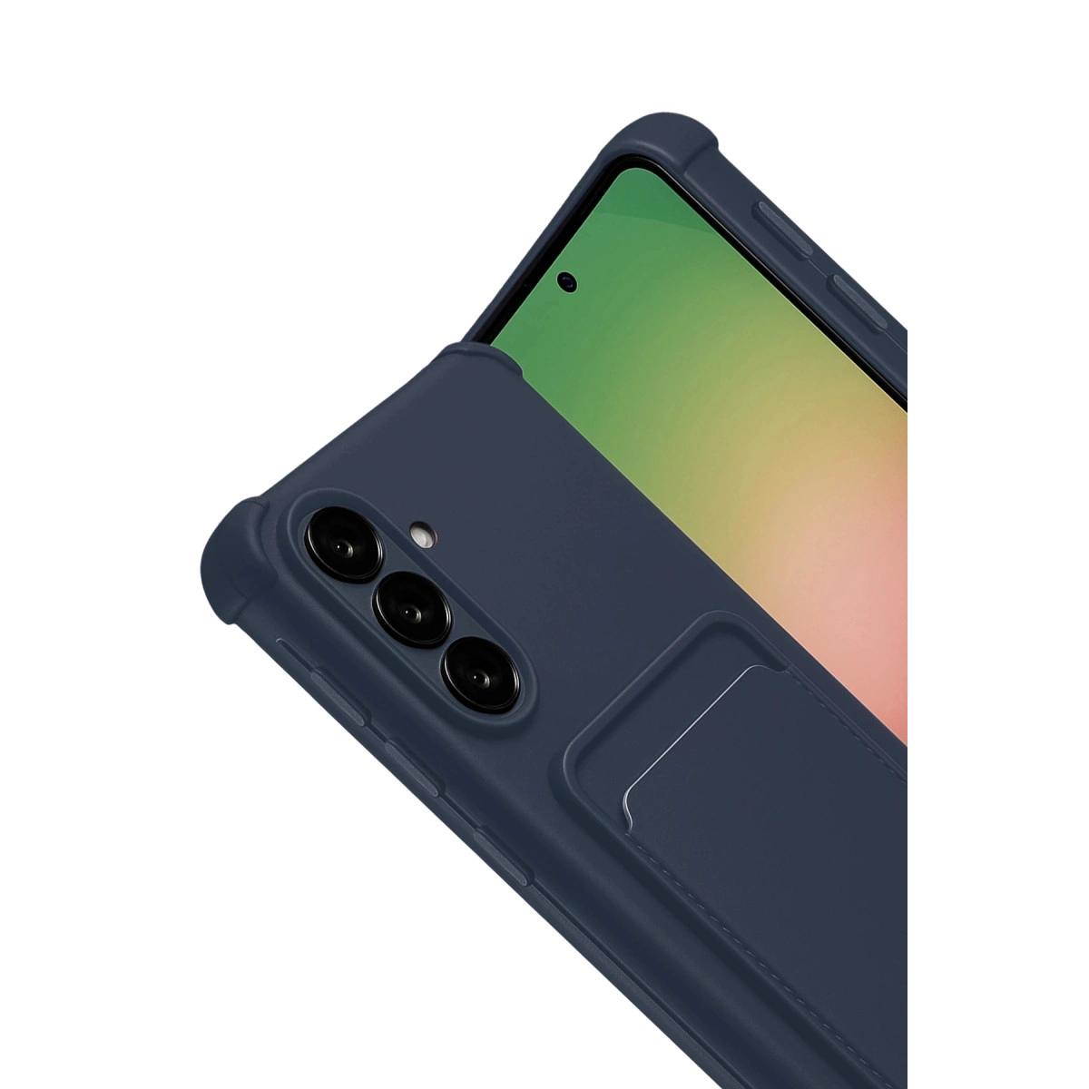 Üç kameralı ve kart bölmeli lacivert telefon kılıfı.