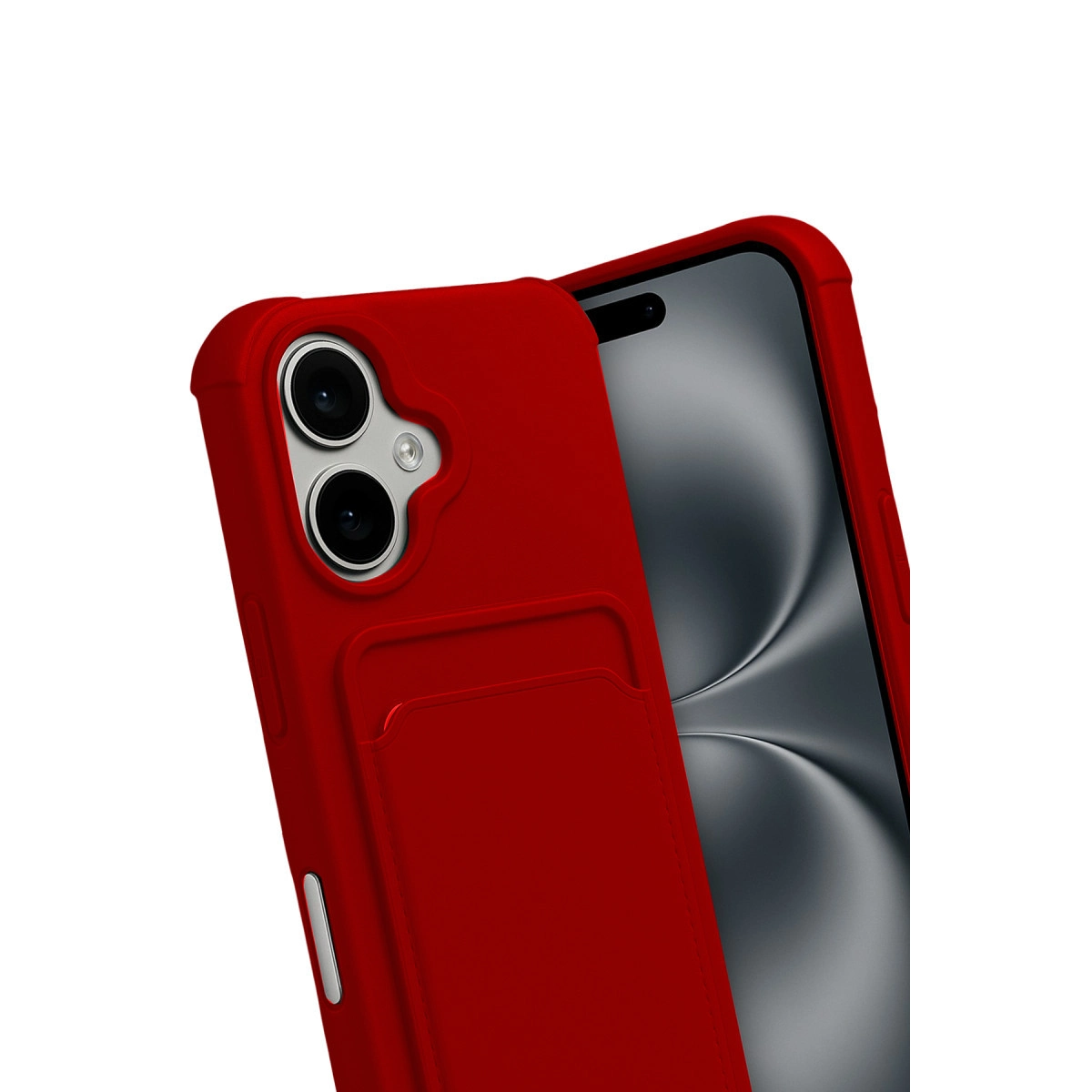 Kart tutuculu ve çift kameralı kırmızı telefon kılıfı.