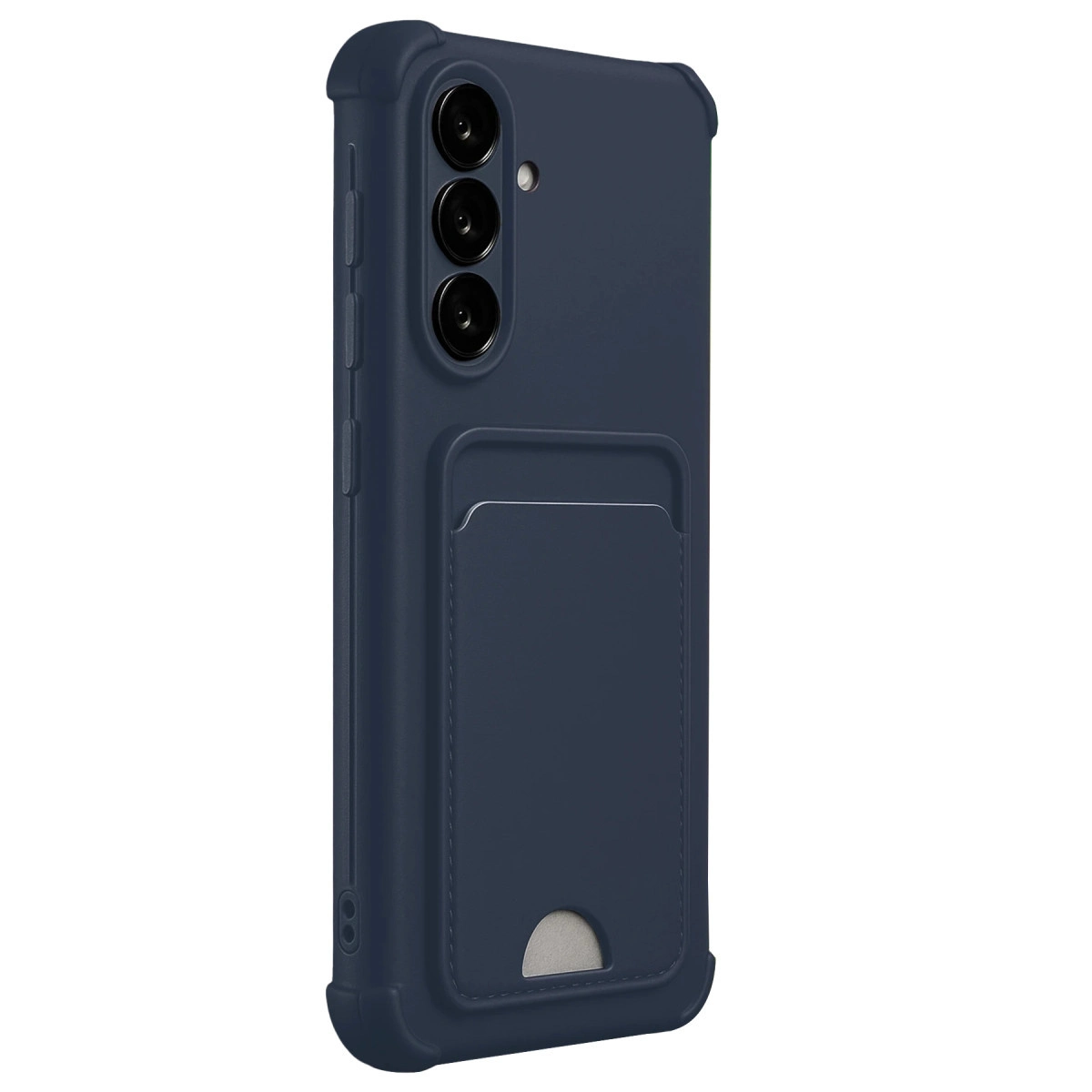Üç kameralı ve kart yuvalı lacivert telefon kılıfı.