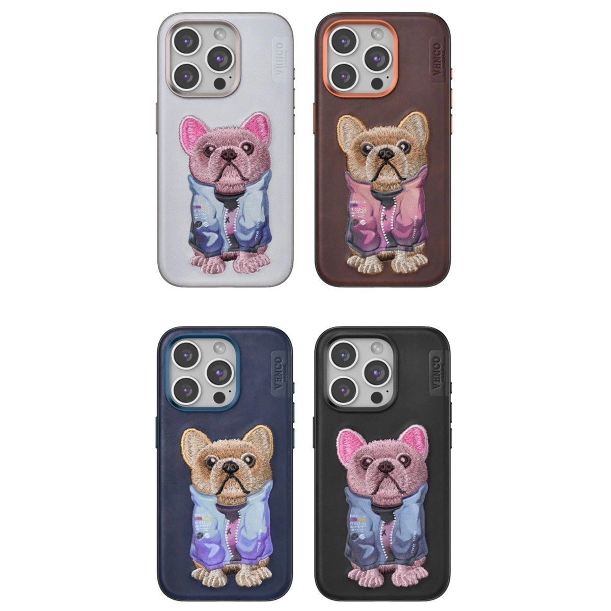 Ceketli Fransız bulldog nakışlı dört telefon kılıfı.