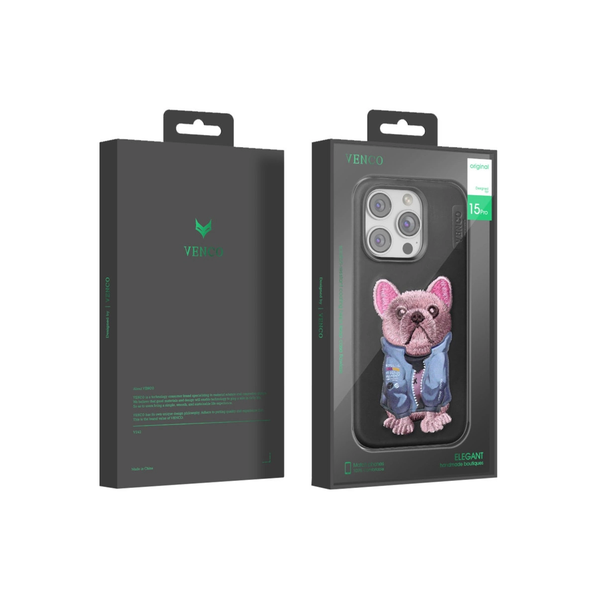 iPhone 15 Pro için Fransız bulldog tasarımlı siyah ambalaj.
