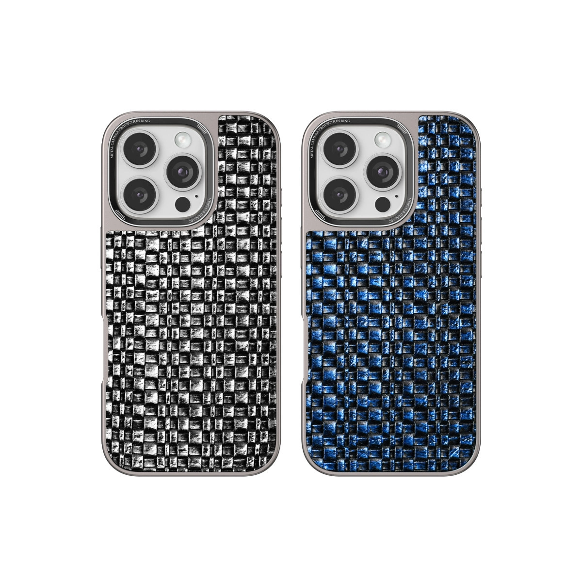 Dokuma desenli iki iPhone kılıfı, biri siyah beyaz, diğeri mavi.