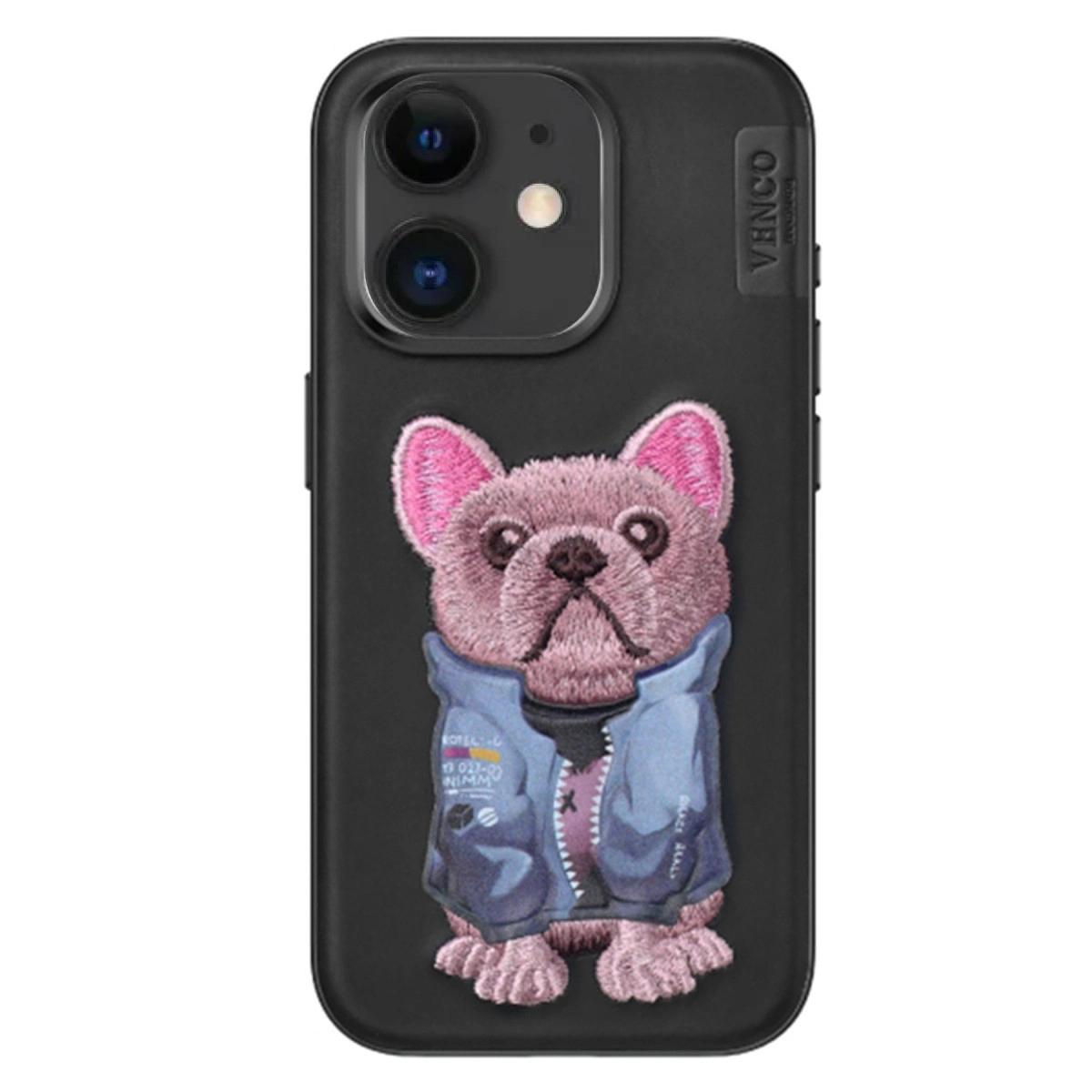 Kot ceketli, işlemeli Fransız bulldoglu iPhone kılıfı.