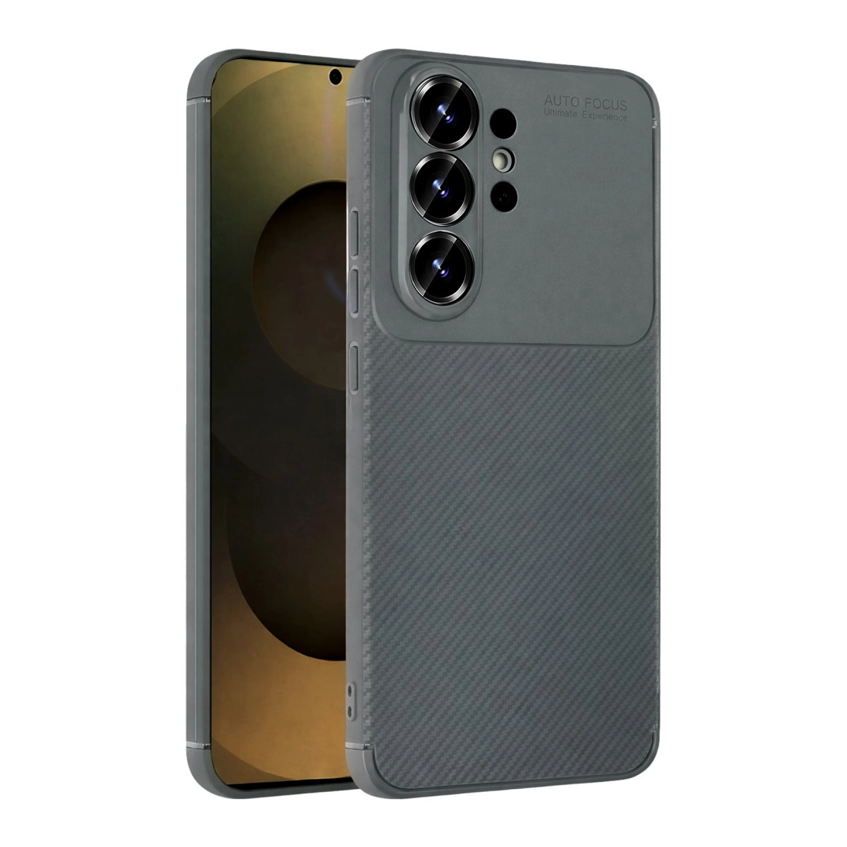Arkasında karbon desenli üç lensli gri telefon kılıfı.