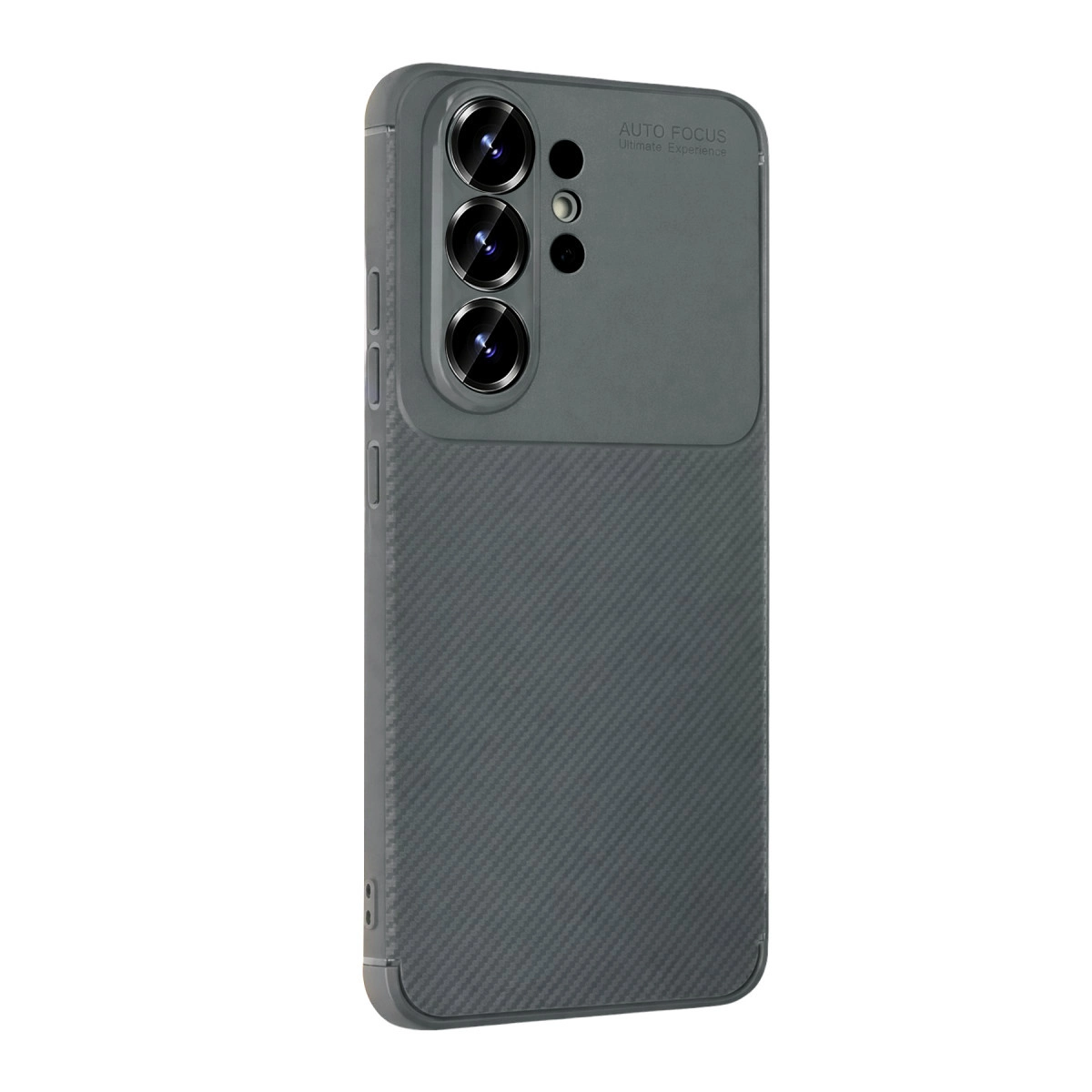 Üç lensli, desenli koyu gri telefon kılıfı.