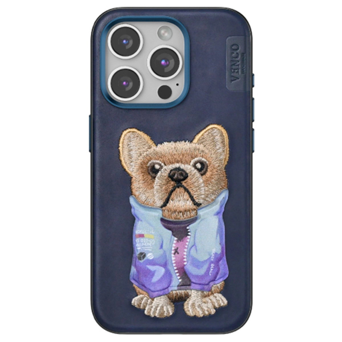 Ceketli Fransız bulldog nakışlı lacivert telefon kılıfı.
