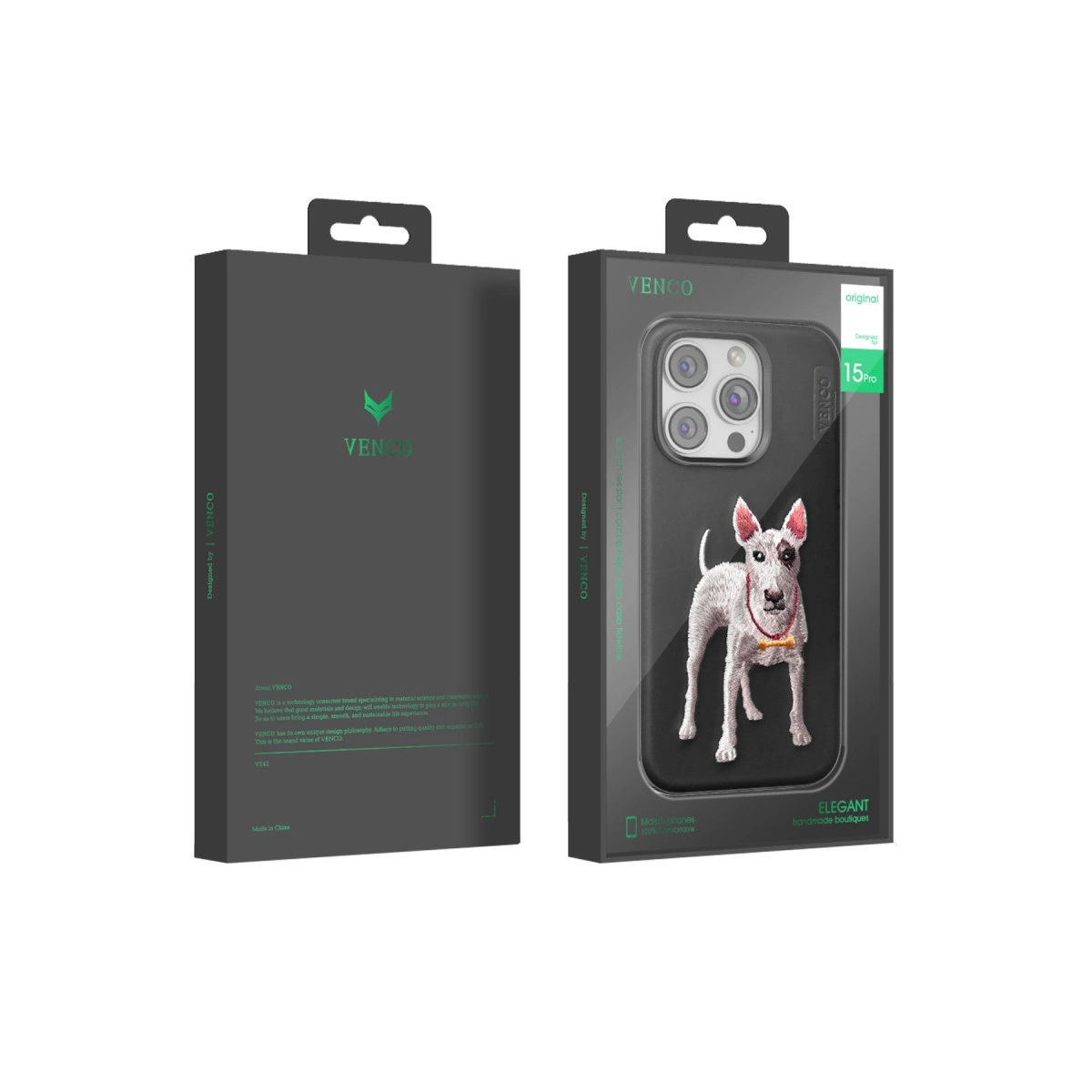 Bull terrier ve iPhone 15 Pro kılıfı bulunan siyah ambalaj.