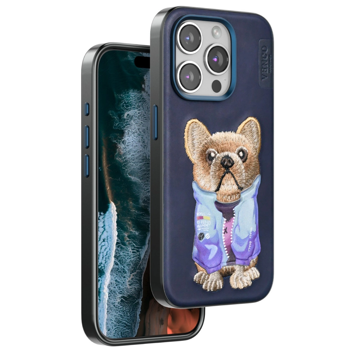 Mavi ceketli işlenmiş Fransız bulldoglu lacivert telefon kılıfı.