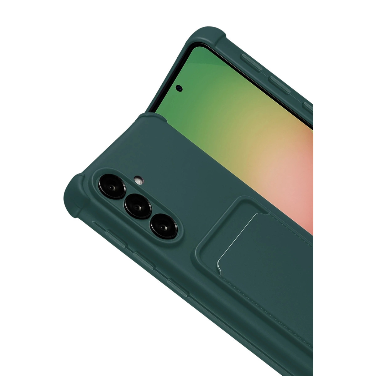 Üç kameralı, kart bölmeli koyu yeşil telefon kılıfı, beyaz arka plan.