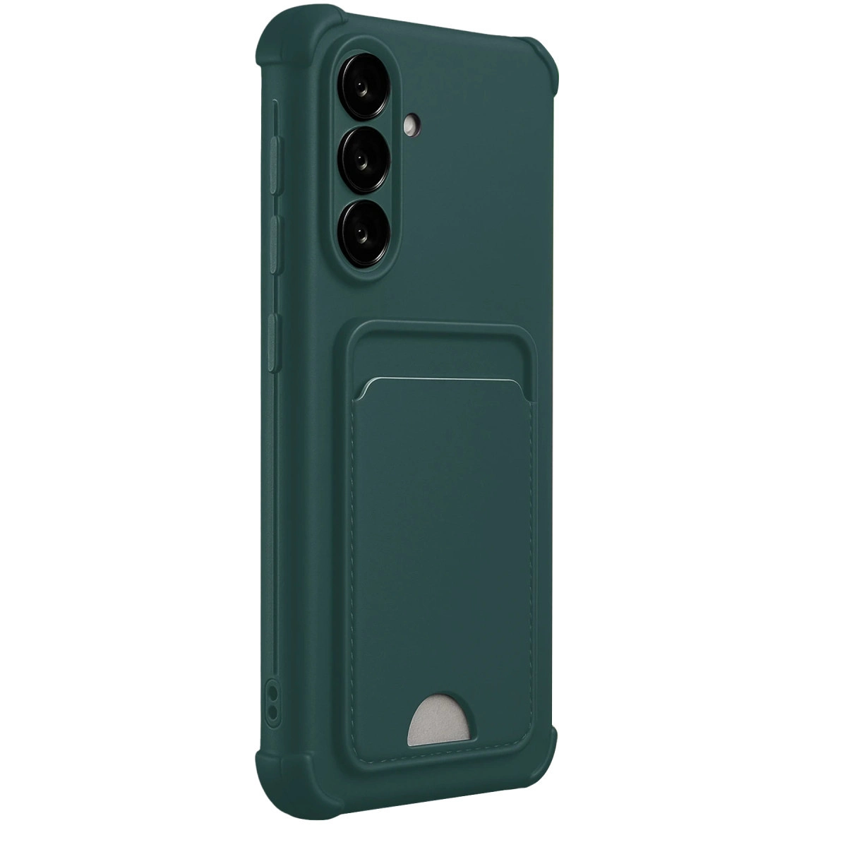 Üç kameralı ve kart yuvalı koyu yeşil telefon kılıfı.