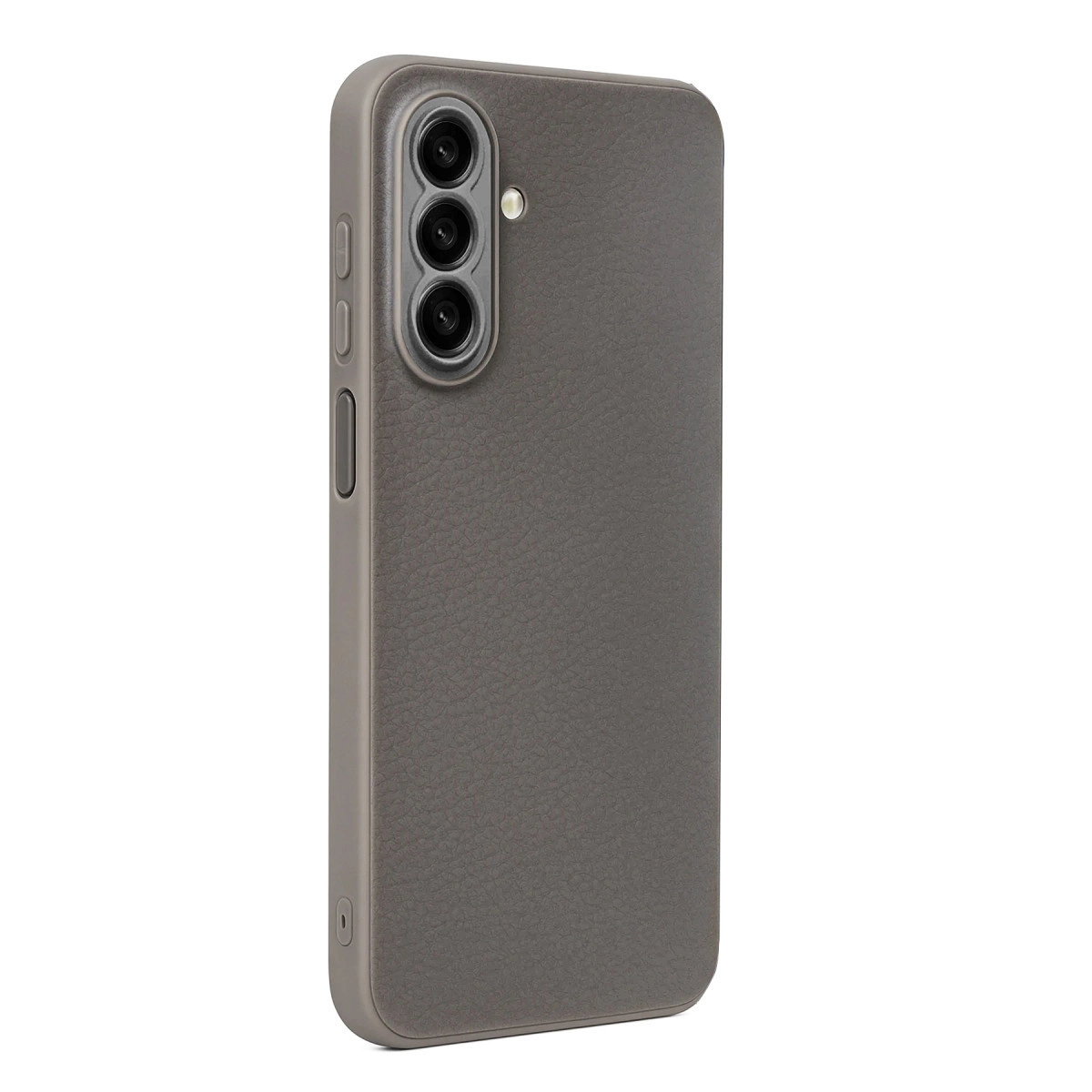 Üç kamera lensli ve dokulu yüzeyli gri telefon kılıfı.