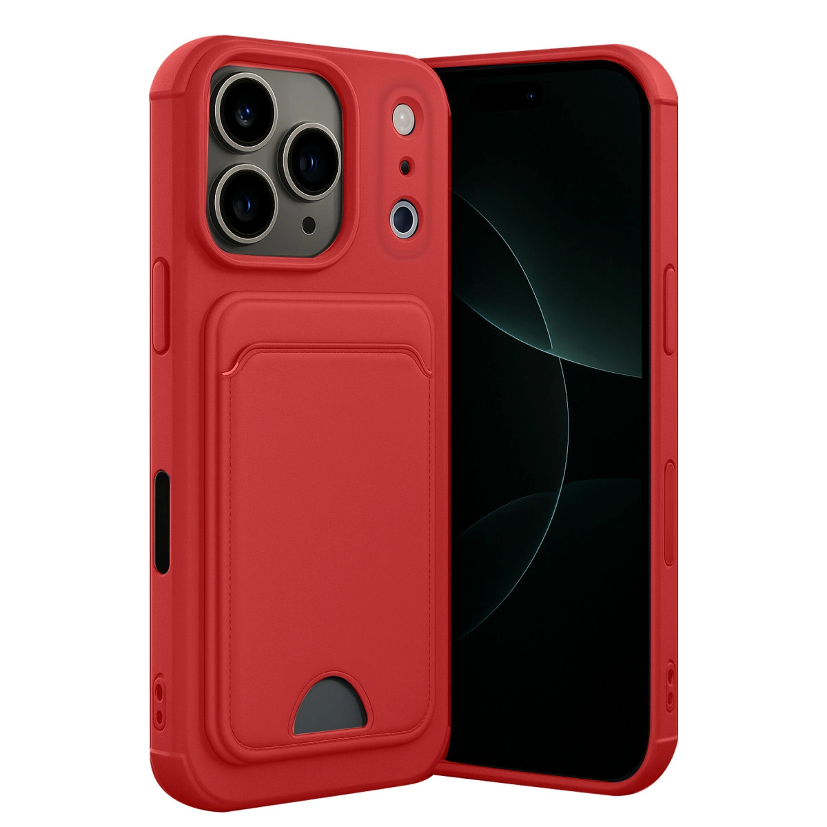 Kart tutuculu kırmızı telefon kılıfı bir akıllı telefonun yanında gösteriliyor.