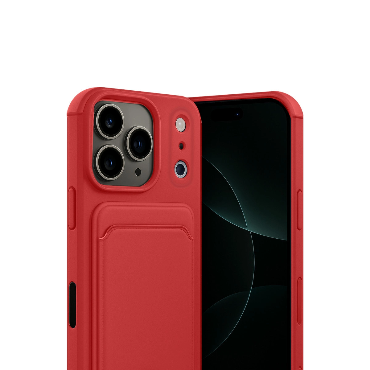 Kart yuvalı ve üçlü kameraya sahip kırmızı telefon kılıfı. Yanında koyu ekranlı bir telefon.