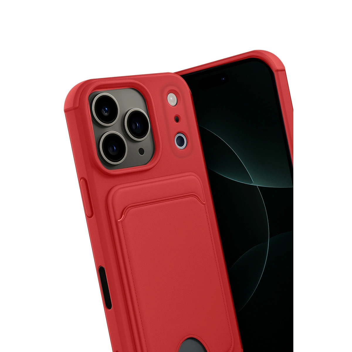 Kart yuvalı ve kamera modüllü kırmızı telefon kılıfı, koyu renkli akıllı telefonun yanında.