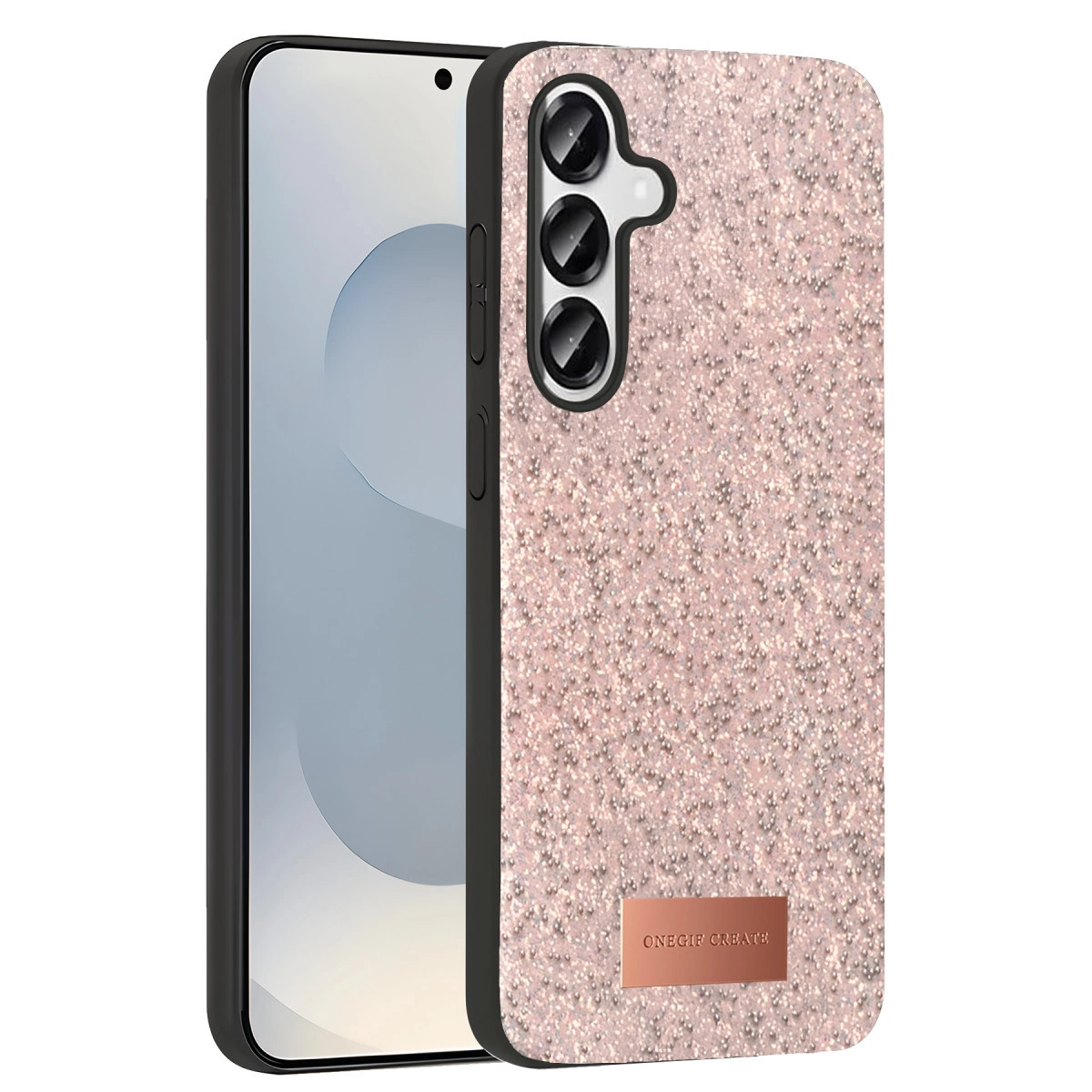 Üç kamera lensli, simli pembe telefon kılıfı.