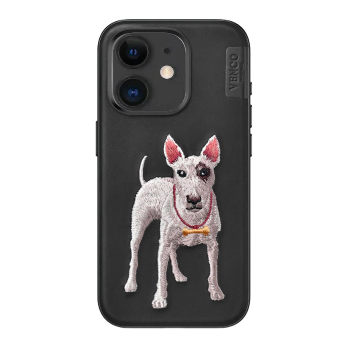 Kemik kolye takan işlemeli bull terrierli siyah telefon kılıfı.