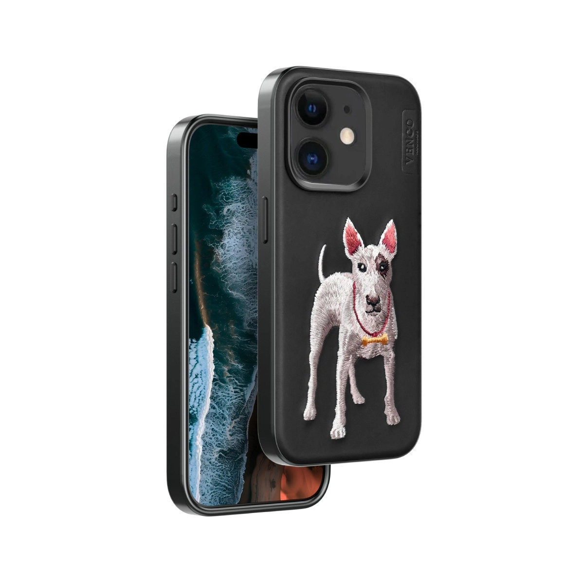 Kemikli tasmalı, işlemeli beyaz bull terrierli siyah telefon kılıfı.