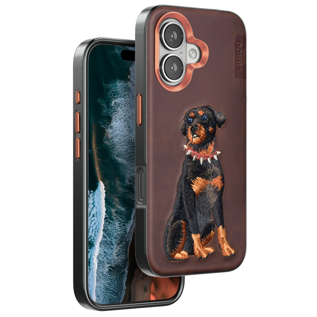 Spikalı tasmalı işlenmiş Rottweiler yavru köpekli kahverengi telefon kılıfı.