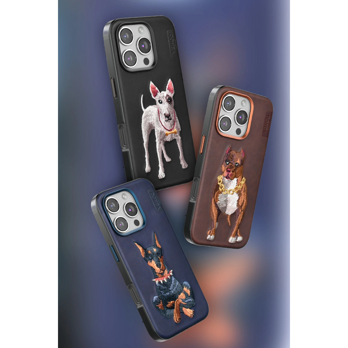 Köpek tasarımlı üç iPhone kılıfı: bull terrier, pitbull ve doberman.
