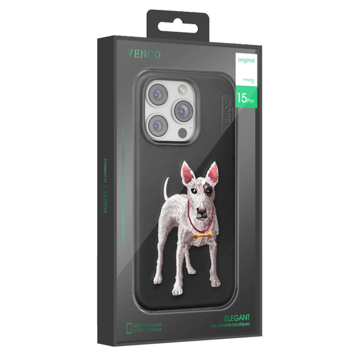 VENCO iPhone 15 Pro kılıfı, işlemeli Bull Terrier, siyah.