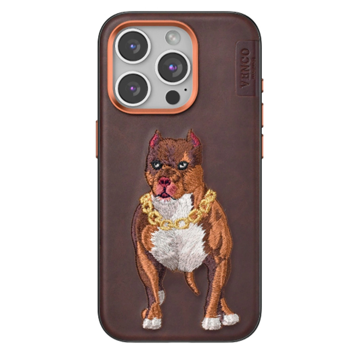 Altın zincirli, işlemeli pitbull içeren kahverengi telefon kılıfı.