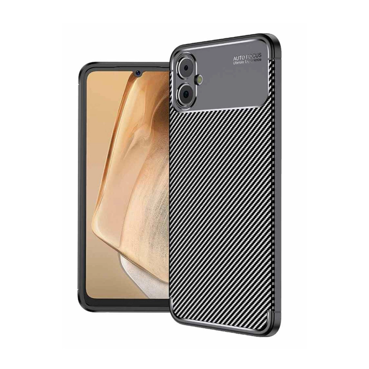 Karbon desenli ve çift kamera modüllü siyah telefon kılıfı.
