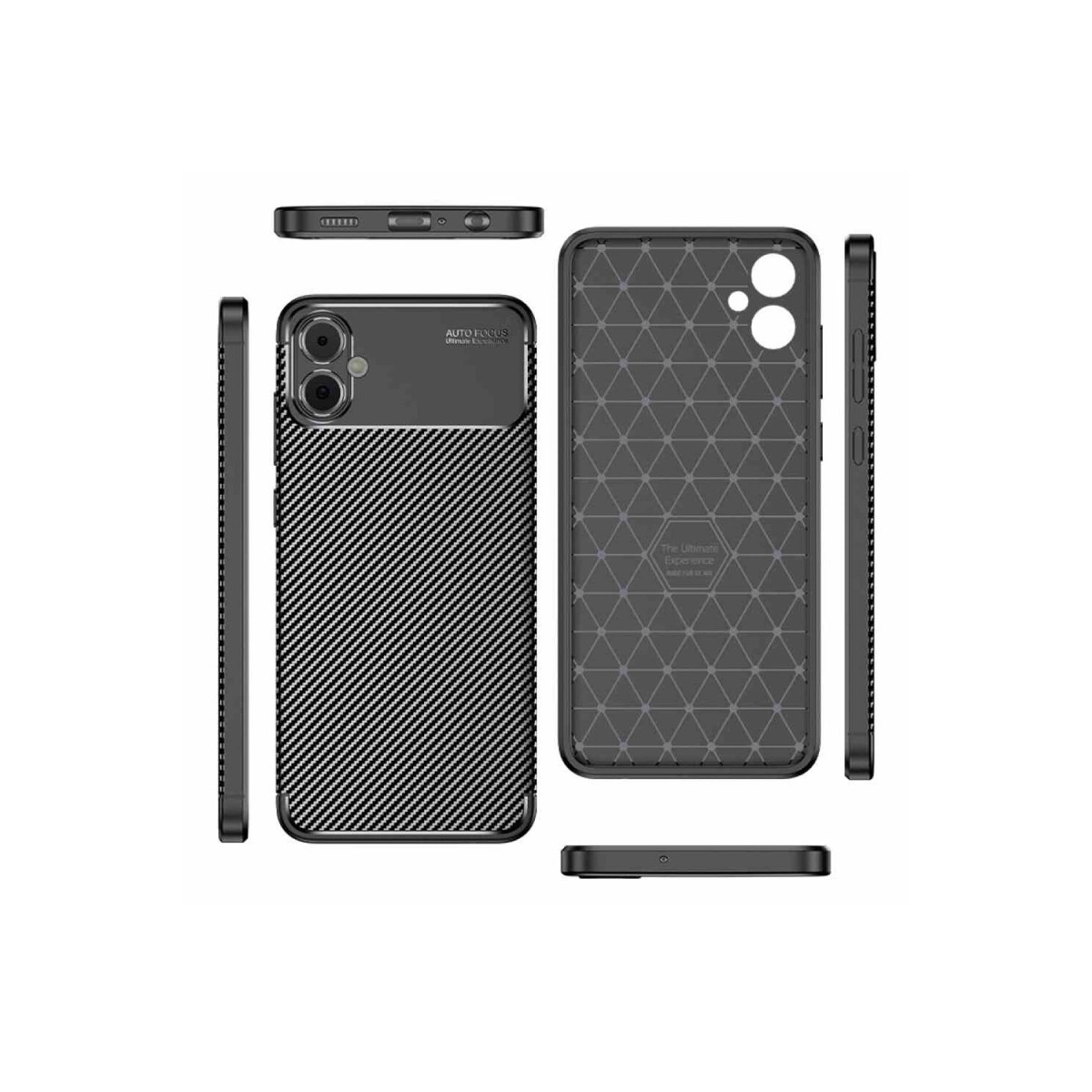 Karbon fiber desenli ve geometrik tasarımlı birden fazla siyah telefon kılıfı.