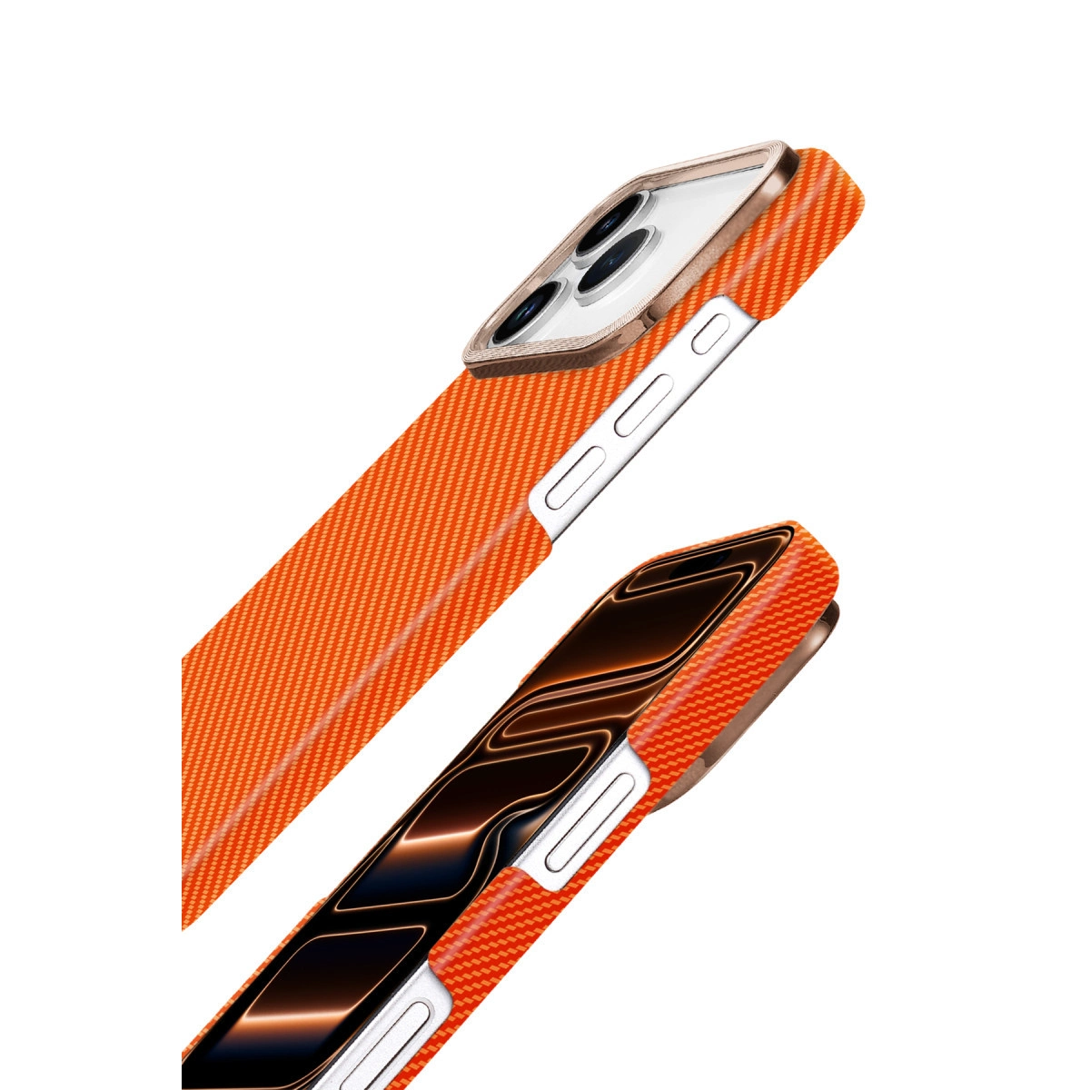 Turuncu karbon fiber dokulu telefon kılıfı, kamera lensi ve ekran yakın çekim.