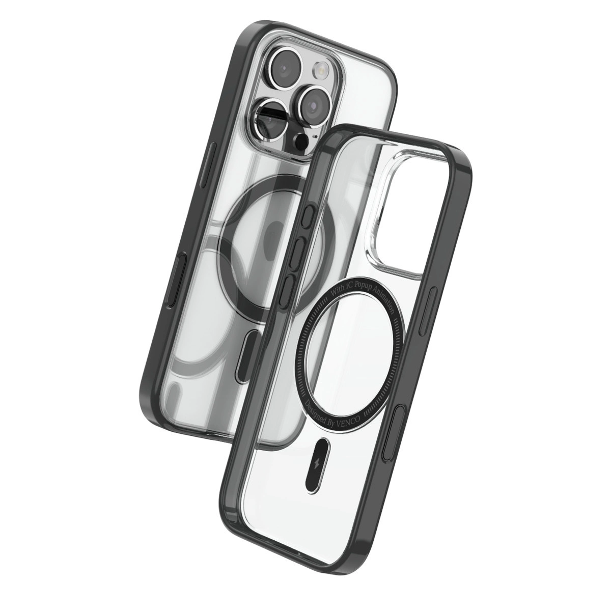 Siyah kenarlı iki şeffaf telefon kılıfı, beyaz arka planda gösteriliyor.