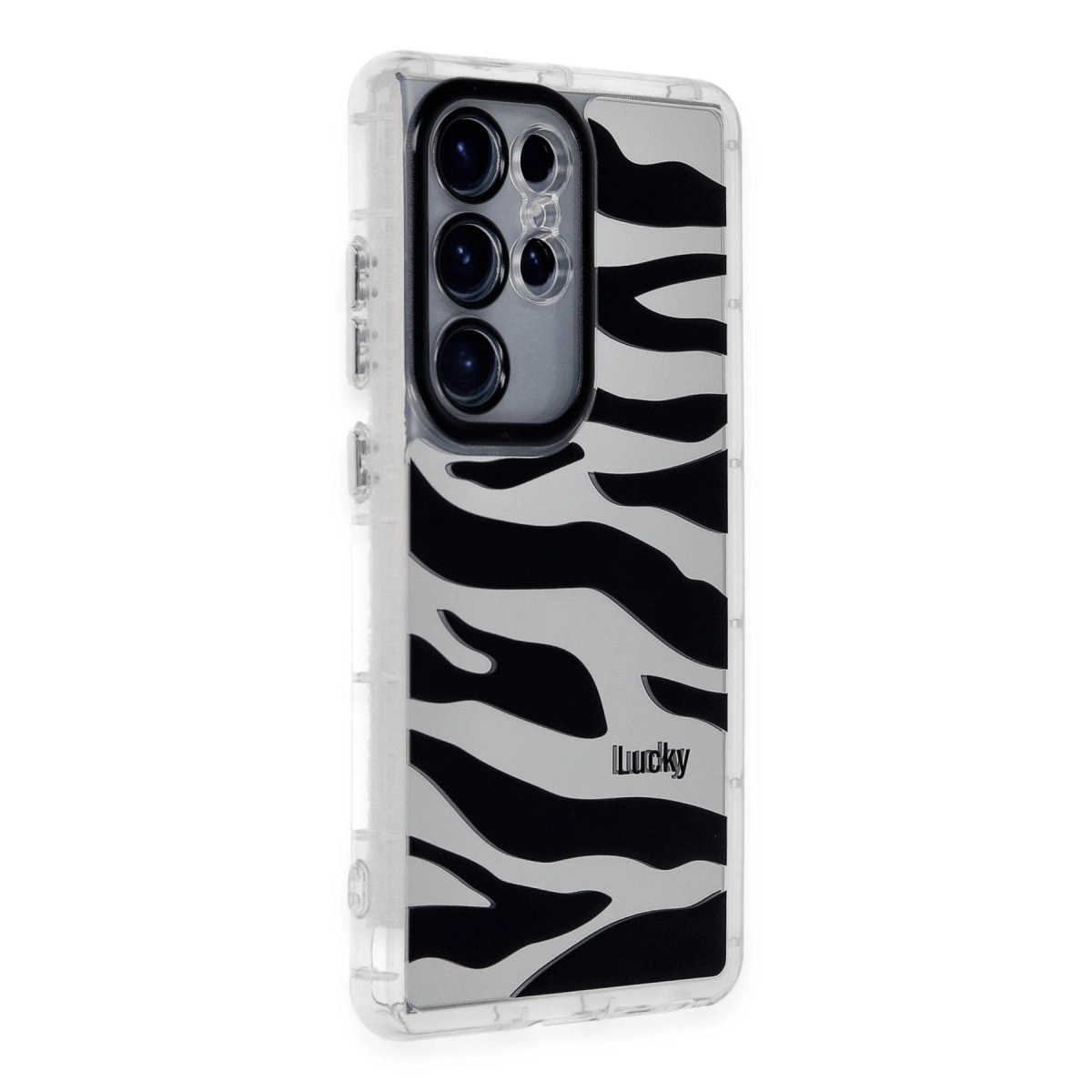Kamera kesimli, zebra desenli bir akıllı telefon kılıfı.