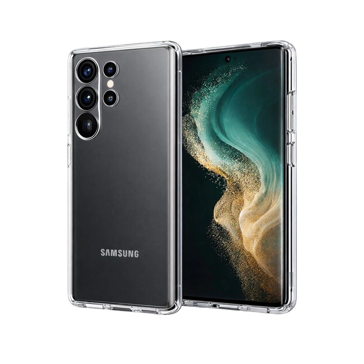 Şeffaf kılıf, kamera dizilimi ve Samsung logosu olan bir akıllı telefonu gösteriyor.