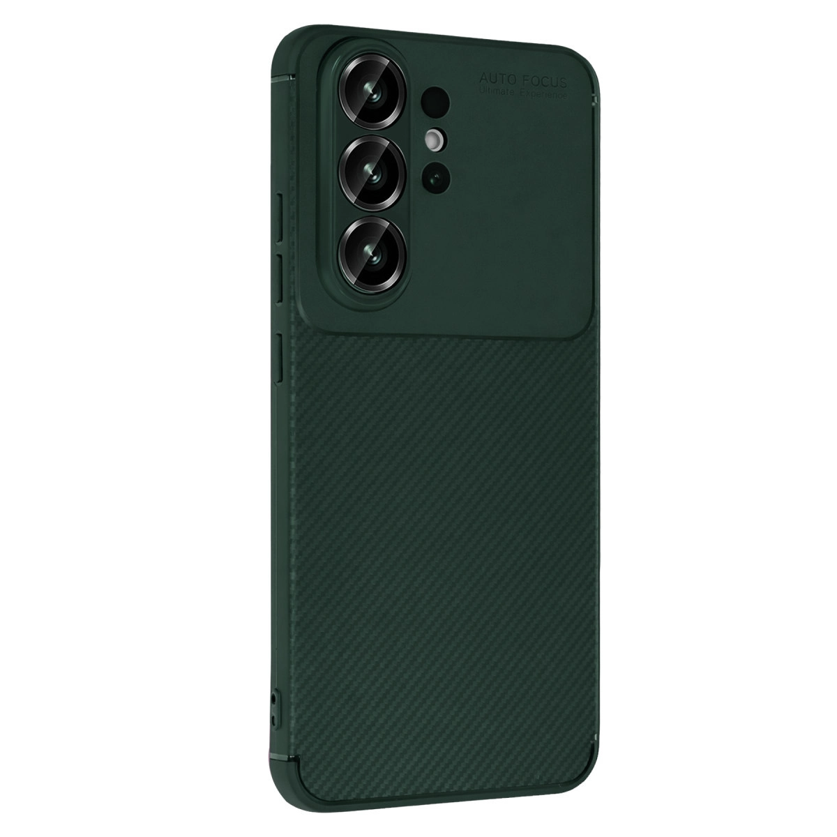 Daha koyu yeşil telefon kılıfı, dokulu alt kısım ve üçlü kamera lensi.