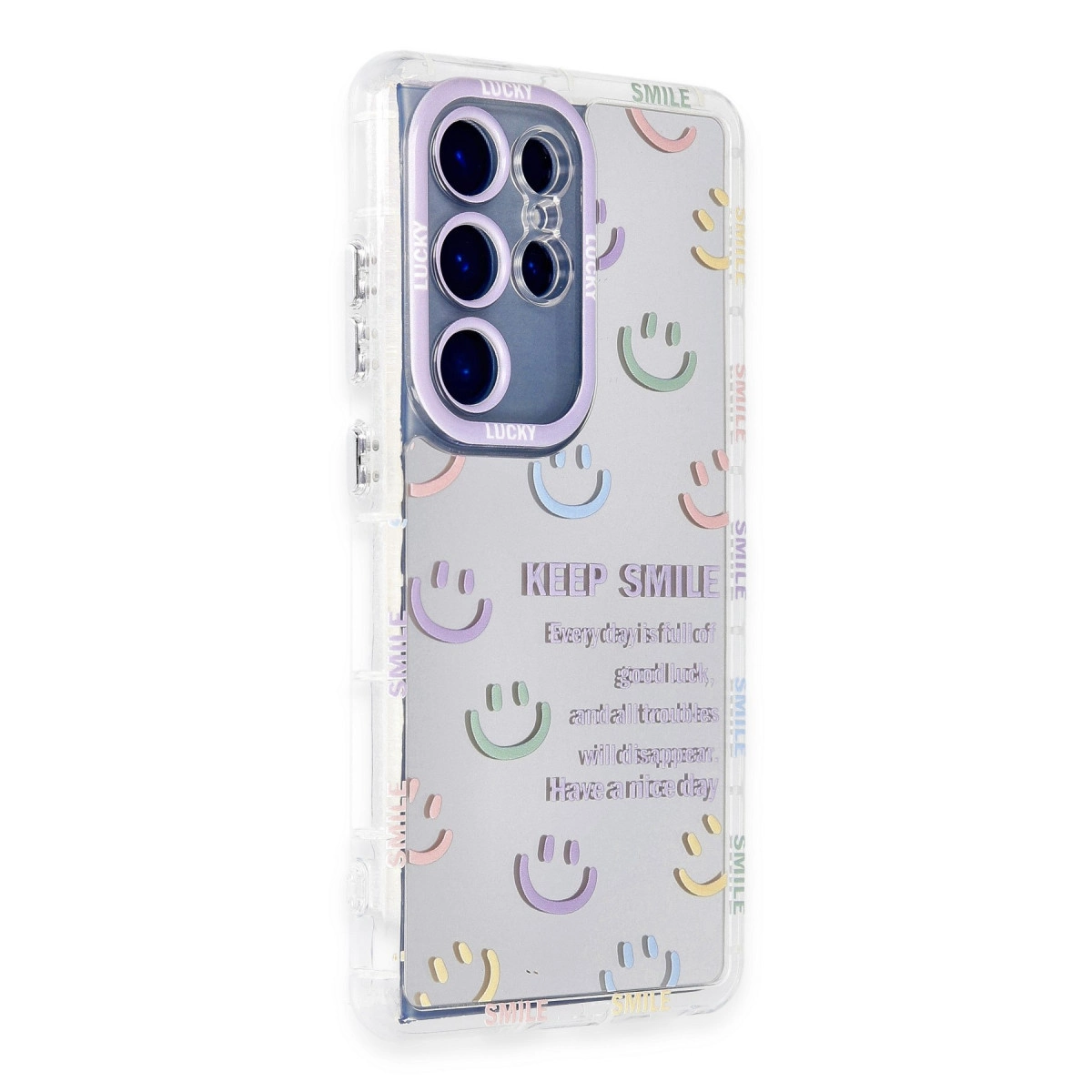 Üzerinde 'Keep Smile' yazısı ve gülen yüzler bulunan şeffaf telefon kılıfı.