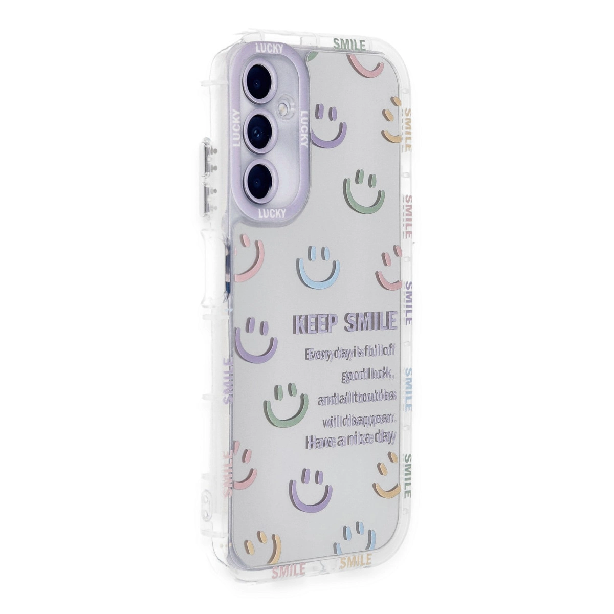 Gülen yüzler ve 'Keep Smile' yazılı şeffaf telefon kılıfı.