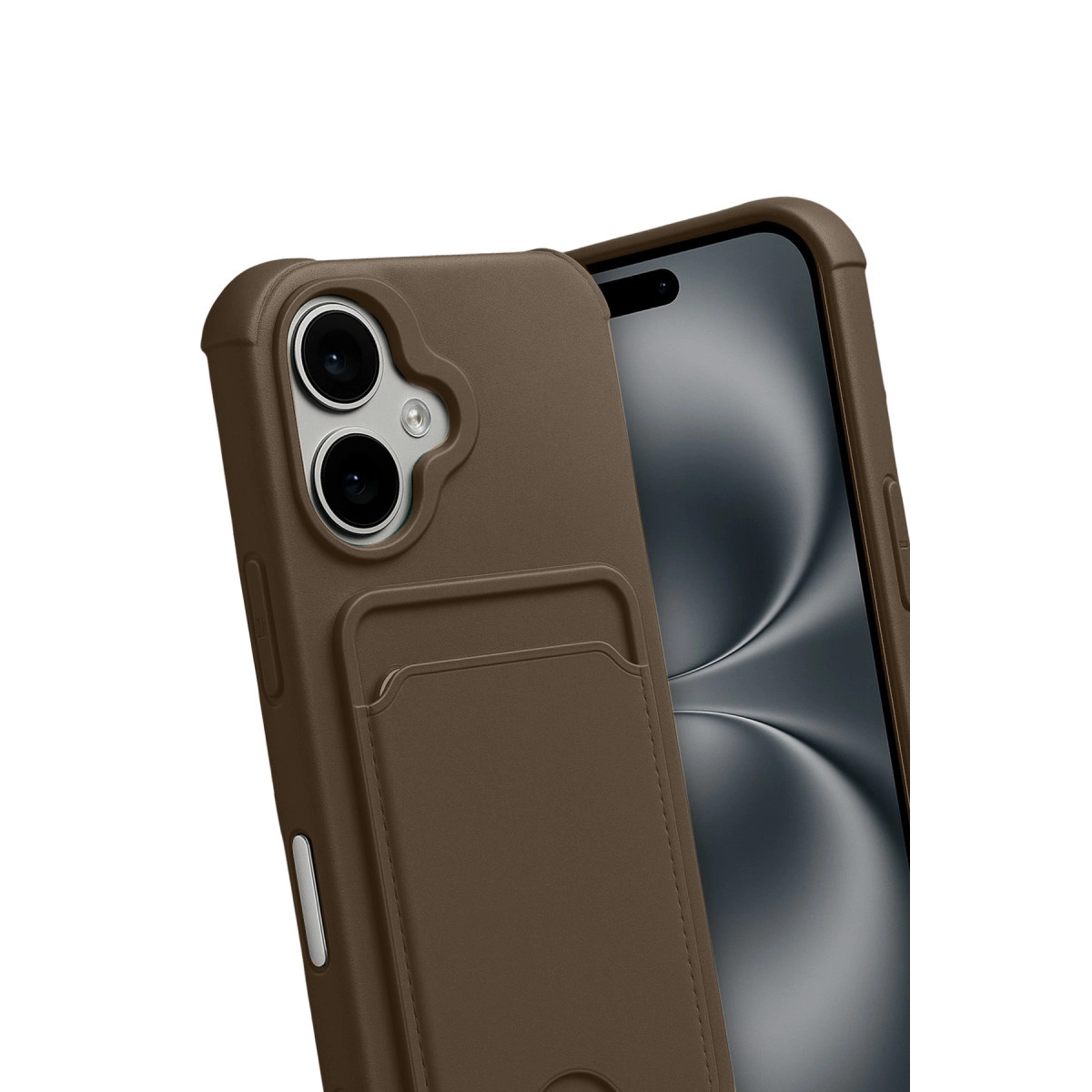 Akıllı telefonda gösterilen kartlıklı kahverengi telefon kılıfı.
