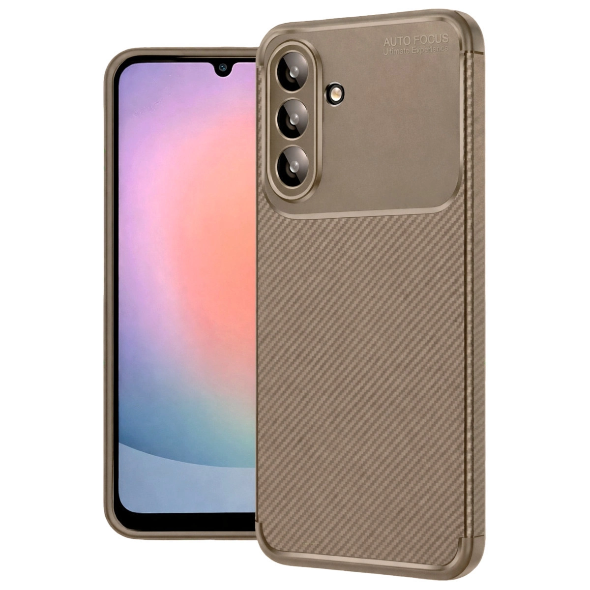 Karbon fiber desenli ve üç kameralı bronz renkli telefon kılıfı.