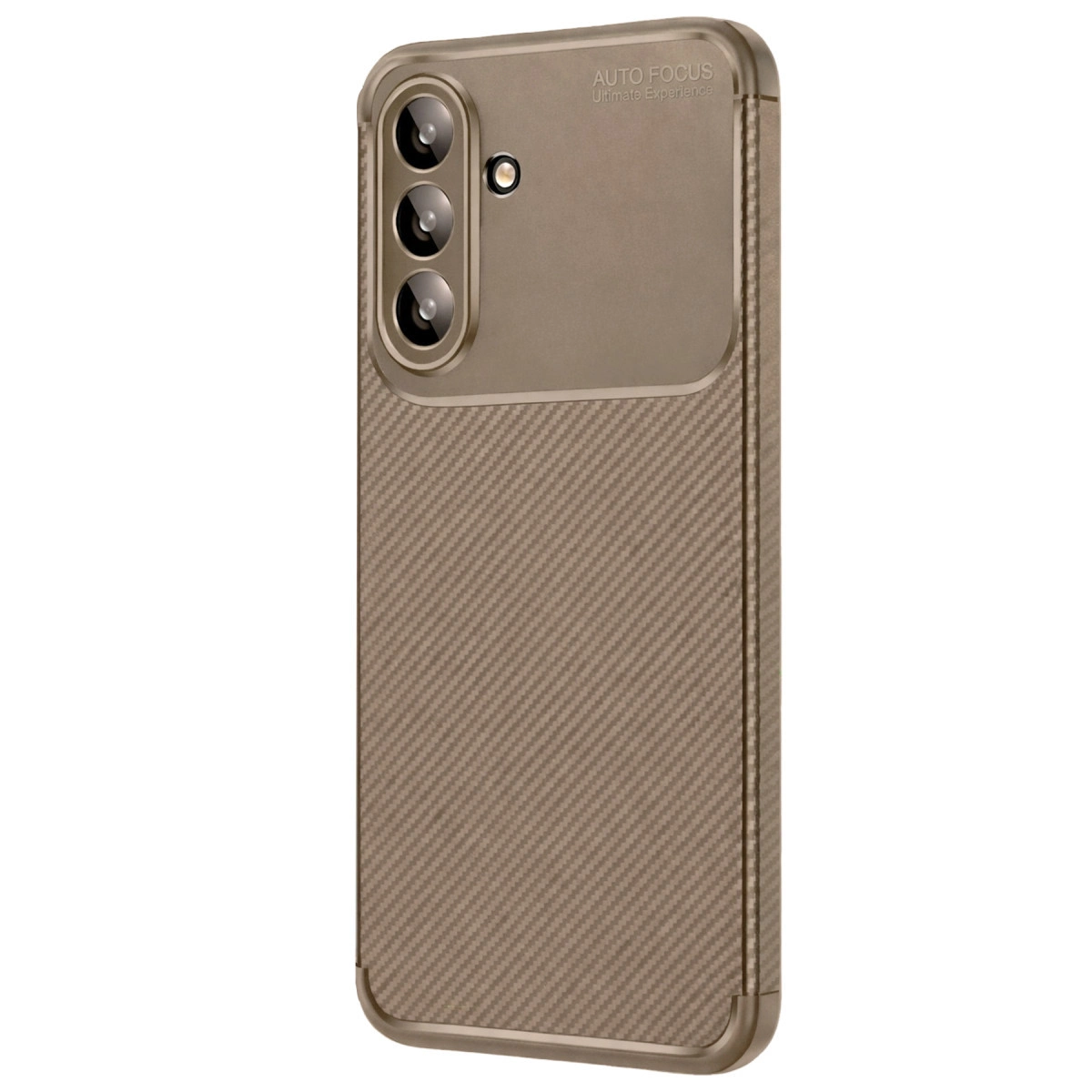 Karbon fiber dokulu, üç lensli kahverengi telefon kılıfı.