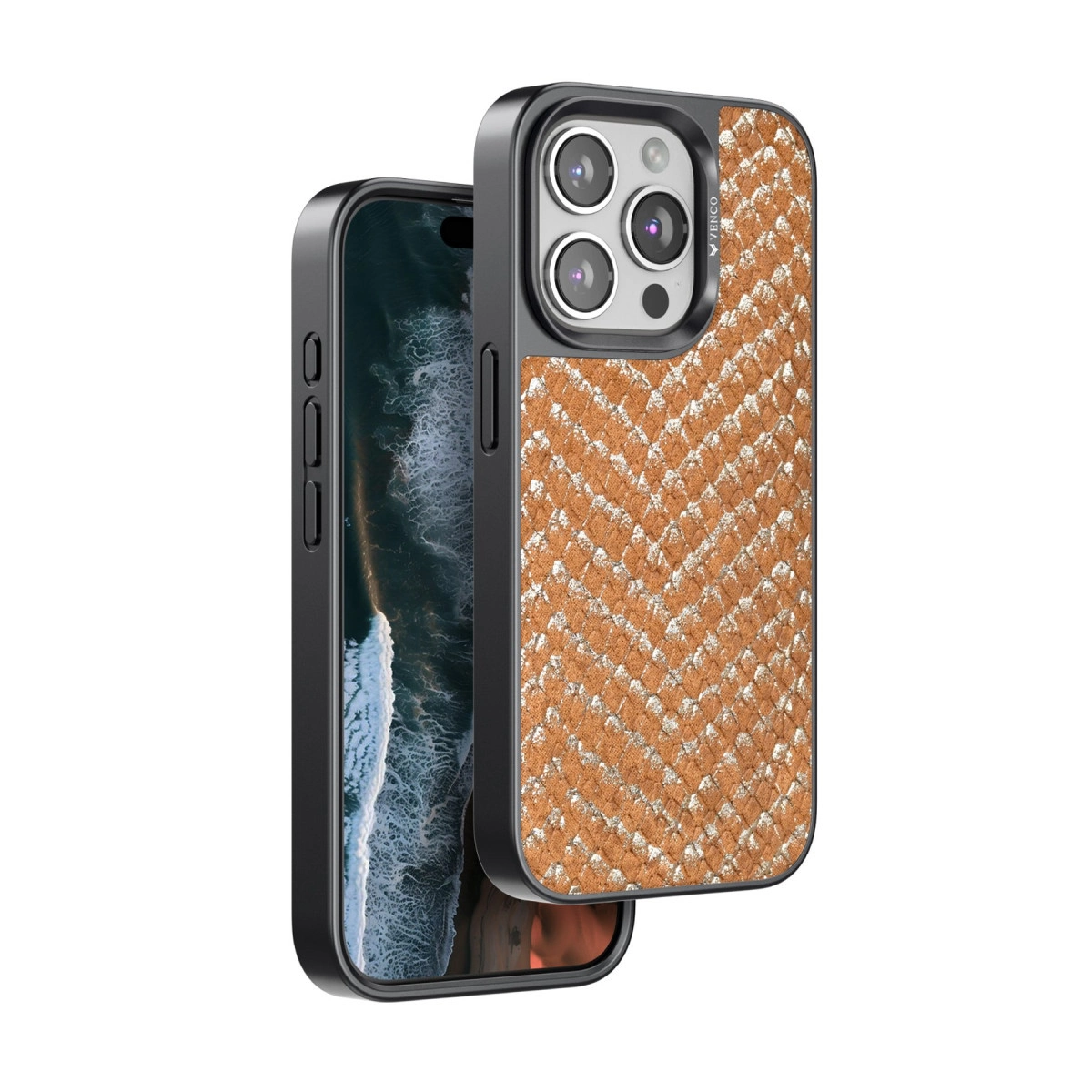 Dalgalı ekranlı bir iPhone üzerinde balıksırtı desenli kahverengi telefon kılıfı.