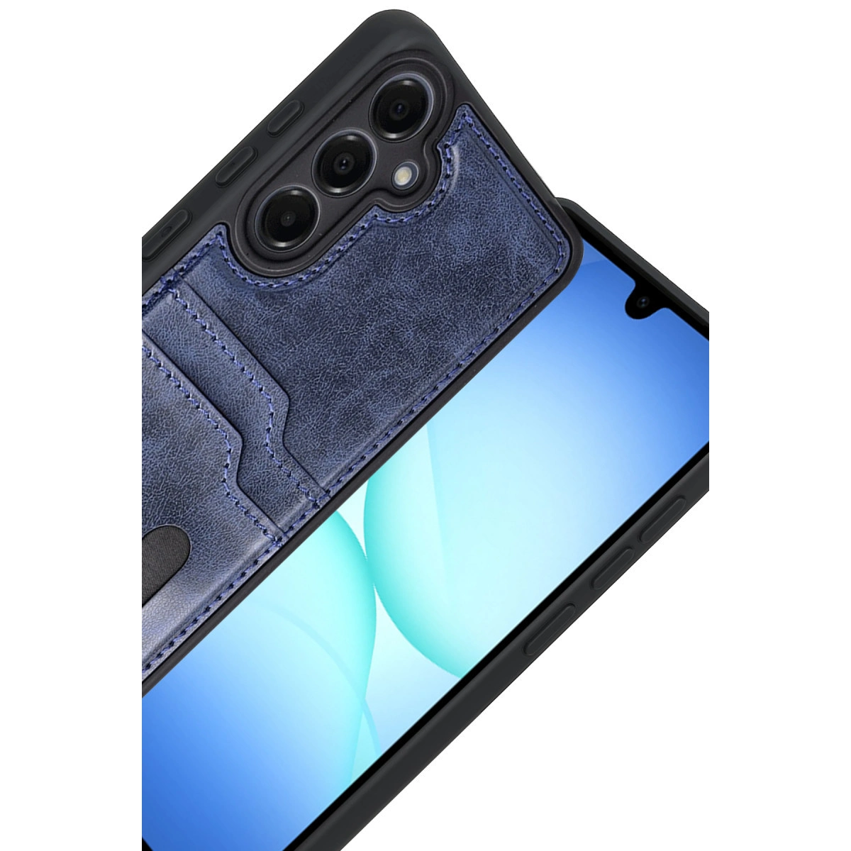 Kart yuvalı ve üç kamera lensli mavi telefon kılıfı.